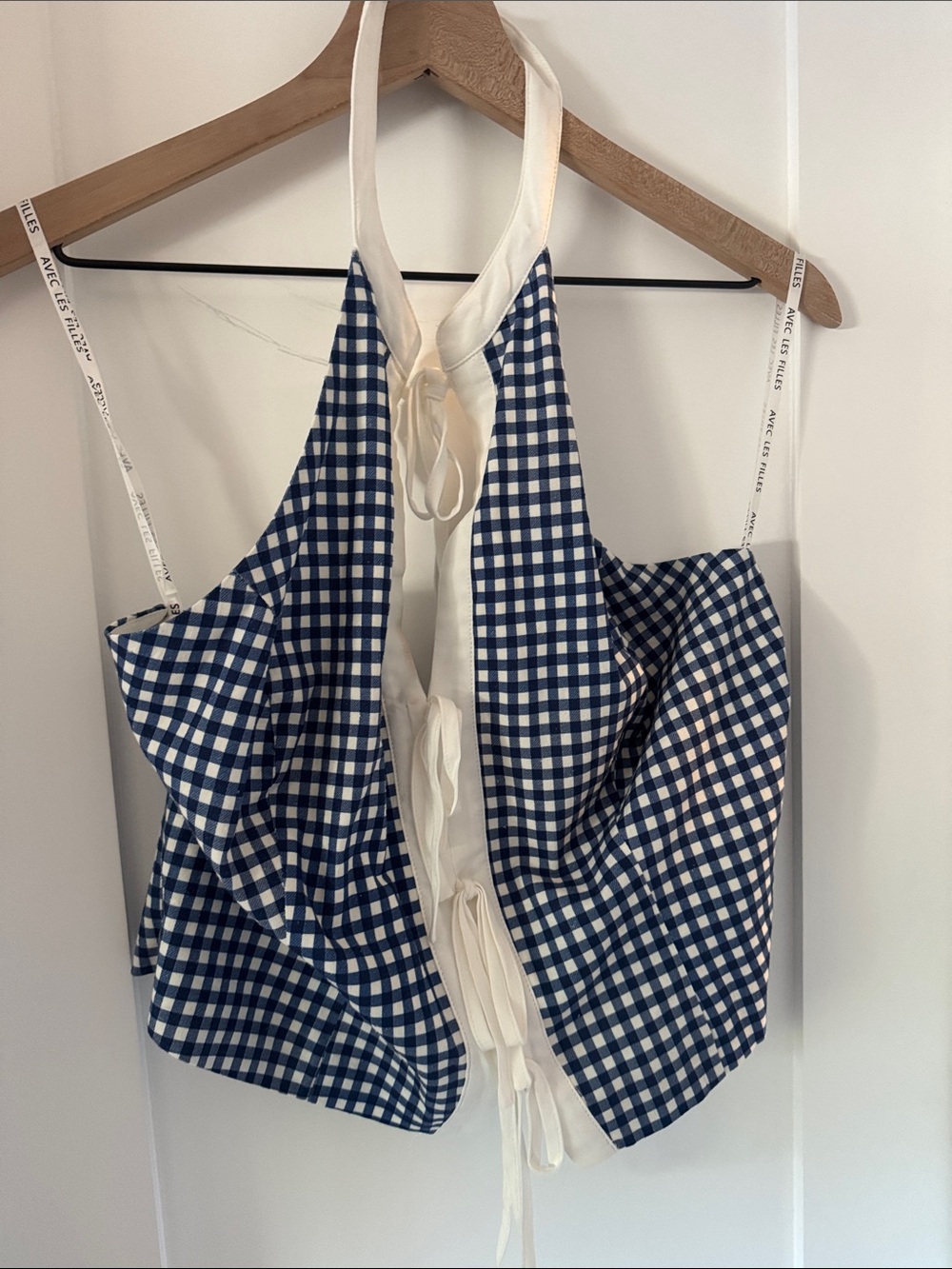 Avec Les Filles Blue and White Gingham Halter Tie-Front Camisole